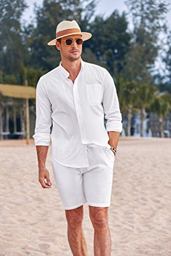 COOFANDY Linen Sets For Men 2 Piece Button Down Shirt Long Sleeve and Casual Beach Drawstring Waist Shorts Summer Outfits2