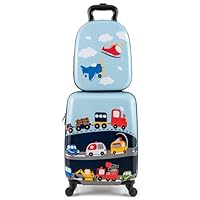 GYMAX 2Pcs Kids Luggage Set, 13\" Backpack & 16\" Children Hardshell Suitcase with Wheels & Telescopic Handle, Boys Girls Carry On Luggage Set for Travel School (Light Blue)