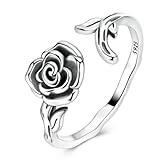Hapour Adjustable Rose Rings for Women S925 Sterling Silver Stackable Open Eternity Band Flower Leaves Rings