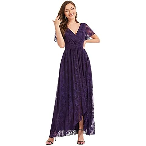 Ever-Pretty Vestido de Fiesta Encaje Manga Volantes Alto Bajo Escote en V Abertura Largo para Mujer Morado 50 Cover