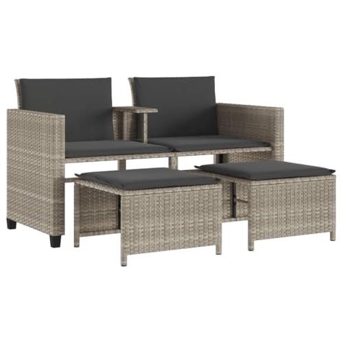 Mhdvray Canapé de Jardin 2 Places en Résine Tressée avec Table Centrale Intégrée et 2 Poufs, Salon de Jardin en Poly Rotin avec Coussins Lavables pour...