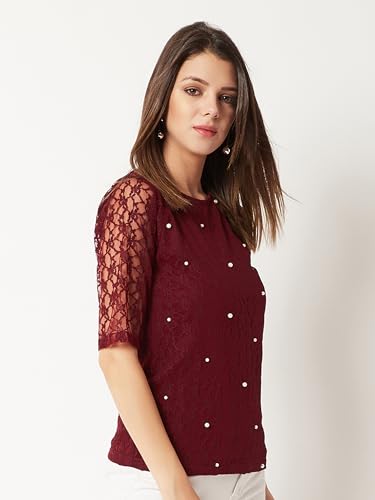 Image of Miss Chase Women's Round Neck Half Sleeves Cotton Lace and Pearl Detailing