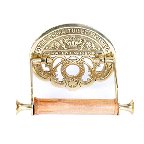 Bright Brass Wall Mount Toilet Paper Holder 7.25 Wide Vintage Crown Style Solid Brass Easy Install Toilet Tissue Paper Holders with Wooden Roll for Bathroom | Renovators Supply Manufacturing