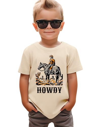 SANIXJOO Toddler Baby Boys Western T-Shirt Rodeo Howdy Graphic Shirt Kids Cowboy Outfits Summer Country Crewneck Tee Top(Light Khaki 3-4T)
