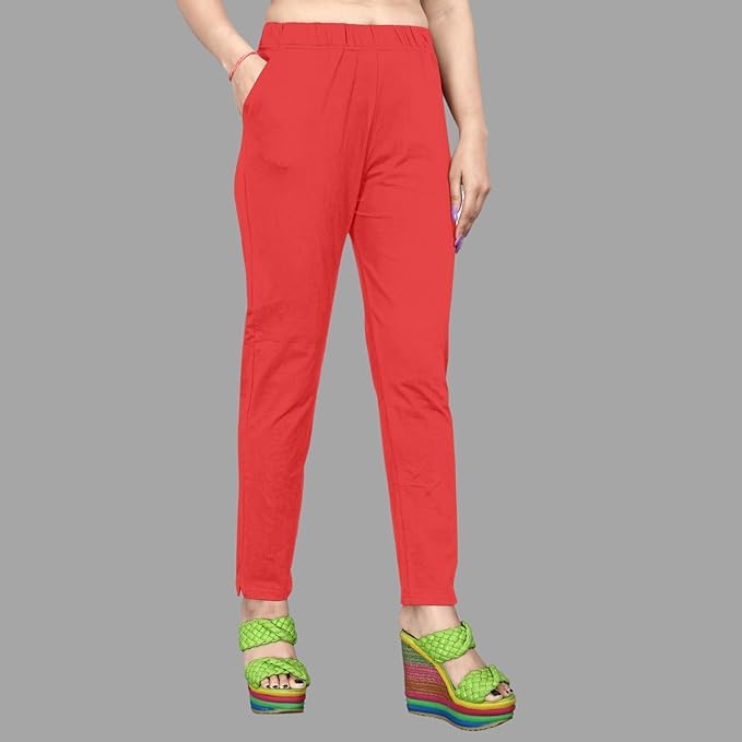 Image of Women's Solid Cotton Lycra Pants-High Waist Slim Fit Stretchable Leggings - Comfortable Long Trousers for Casual, Office & Everyday Wear