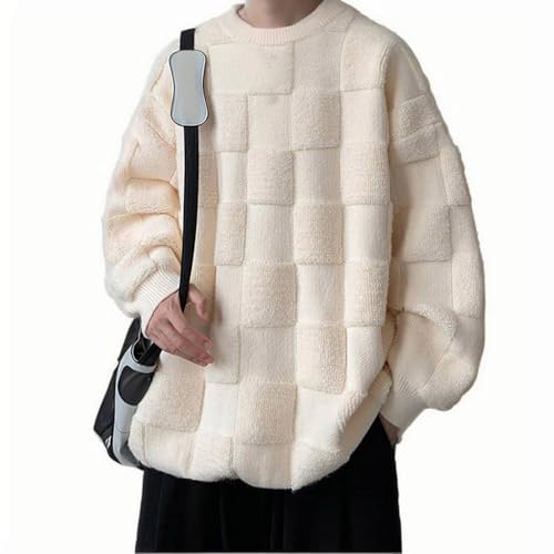 Mens Crew Neck Sweaters Square Jacquard Sweater Long Sleeve Fleece Sweater Casual Pullover Sweater Warm Pullover2