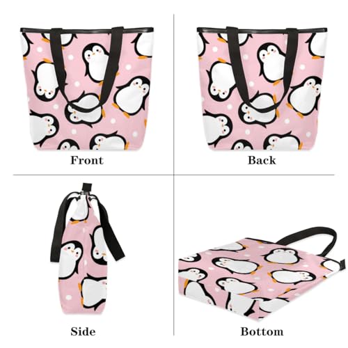 Canvas Tote Bag for Women Men Cartoon Penguins Pink Canvas Handbag Shoulder Tote Bag with Zipper Closure Reusable Grocery Bag Shopping Cloth Bag with Handles for Beach Gym Picnic Work3