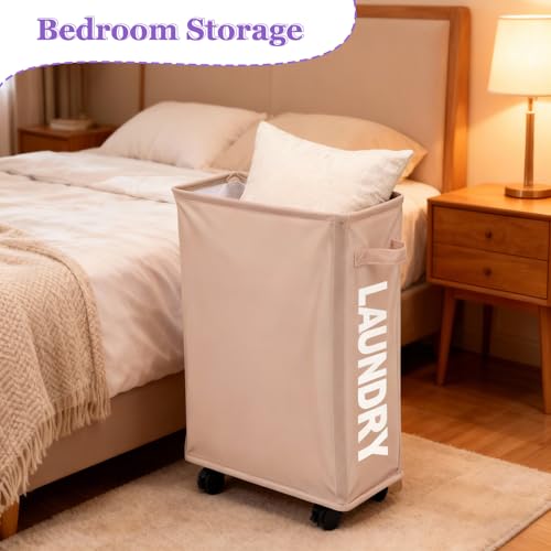Image of Slim Rolling Laundry Hamper with Wheels, 42L Collapsible Narrow Laundry Basket with Drawstring Mesh Cover, Foldable Dirty Clothes Organizer for Bathroom, Dorm, Small Spaces, Khaki