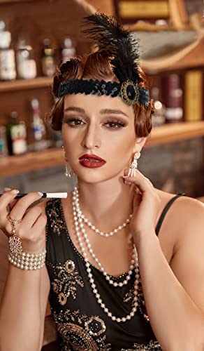 Utaly 1920S Flapper Headband Roaring 20S Gatsby Headpiece Accessories For Women Vintage Feather Headwear Costume Decorations (Black-Rh) #TOP2