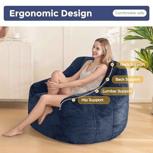 Image of MAXYOYO Bean Bag Chair, Comfy Bean Bag Sofa with Back Support, Faux Fur Bean Bag Chair for Adults and Kids, Stuffed Floor Sofa for Living Room, Bedroom, Apartment, Navy