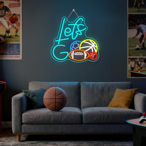 Image of Sports Neon Sign Let's Go Basketball LED Light 4 Balls Combination Sign Light Up Baseball Wall Decor for Gym Themed Party Lighted Football Gifts for Sports Lover