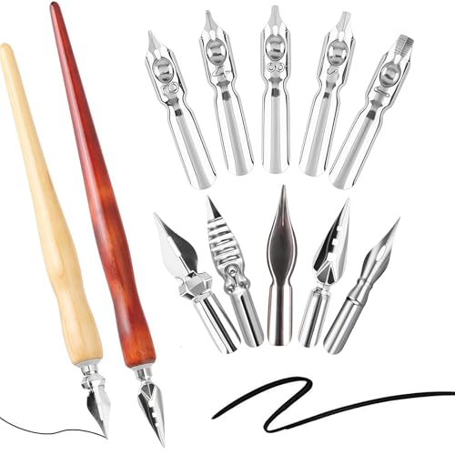 Image of 12PCS Comic Dip Pen Set,Drawing Pen Set with 2 Wooden Pen&10 Nibs,Ink Pens for Drawing,Calligraphy Dip Pens for Drawing,Sketch Pens for Artists,Beginners Calligraphy Set,Comic Inking Pens,Durable