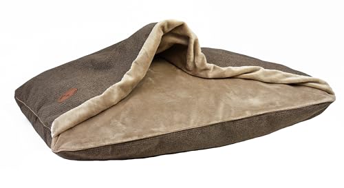 Lauren Design NEL Hundebett für Mittelgroße und Kleine Hunde - Flauschiges Katzenbett Haustierbett Mit Kapuze, Rutschfest und Waschbar (Braun + Cappuccino, XL 100 x 80 cm)