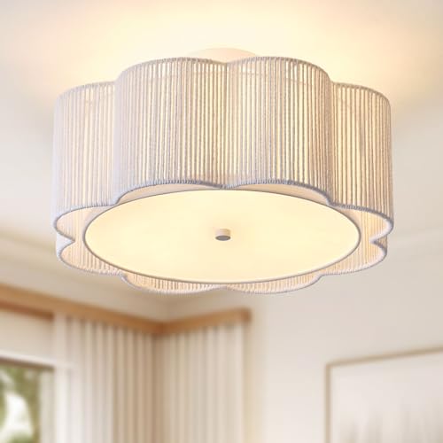Giutna 17.7' Rattan Flush Mount Ceiling Light, 3-Light Boho Close to Ceiling Light Fixtures, Rattan Bedroom Ceiling Light, Farmhouse Large Drum Chandelier for Dining Room, Kitchen, Hallway(White)