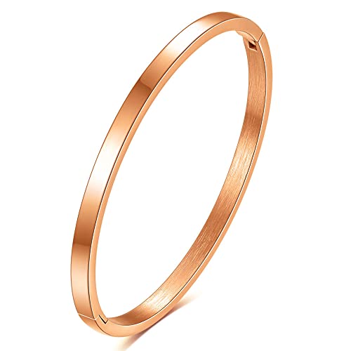 MYNENEY Rose Gold/Gold/Silver Titanium Stainless Steel Pave Cubic Zironia Simulate Diamond Stackable Oval Hinged Bangle Bracelet 6.5-7.5Inch (4mm-Rose Gold, 7 Inch)