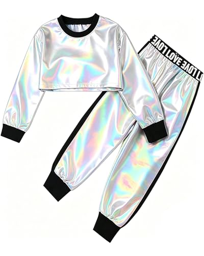 Image of Betusline Girls 2 Piece Outfits Girls Cropped Sweatsuit Pants Outfit Clothes Set, 4T-14 Years