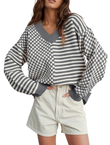 Image of UNCLECAT Womens Striped Checkered Sweater V Neck Fall Trendy Pullover Tops | Long Sleeve, Winter Clothes, Soft Jumpers, Business Casual Outfits, Cute, Fashion, Knitted Sweaters