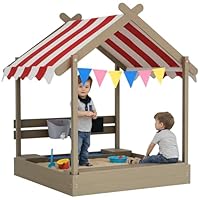 Outsunny Sand Pit Wooden Sandpit Kids Sandbox House for Outdoors, Gardens with Canopy, Liner, Blackboard, Sink, Seats, Flags, for Ages 3-7 Years