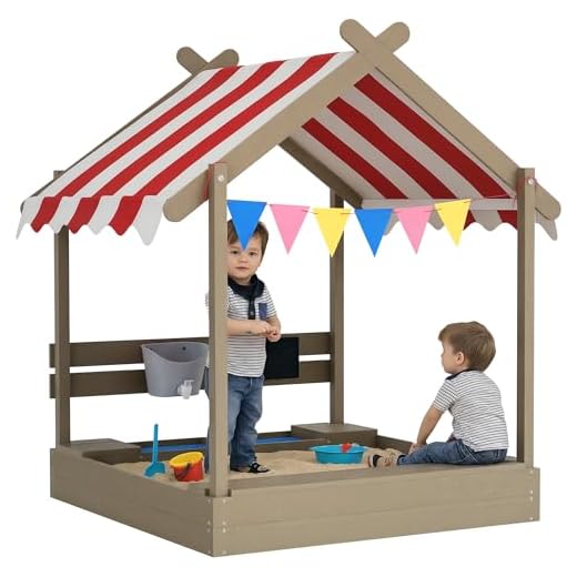 Outsunny Sandkasten mit Dach, Sandkiste aus Holz mit Sitzplatz, Spielhaus, 124 x 116 x 146 cm Sandbox mit Tafel für 3-7 Jahre Kinder, Garten, Grau