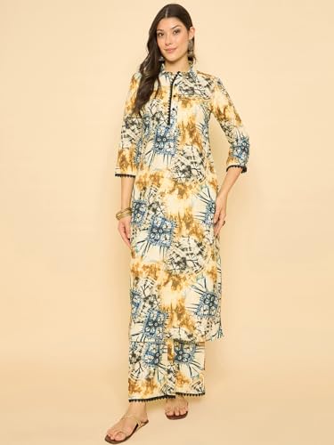 Image of SheWill Women Cotton Blend Floral Printed Straight Kurta with Mandarin Collar, Button Detailing, and 3 /4th Sleeves Paired with Matching Printed Pants