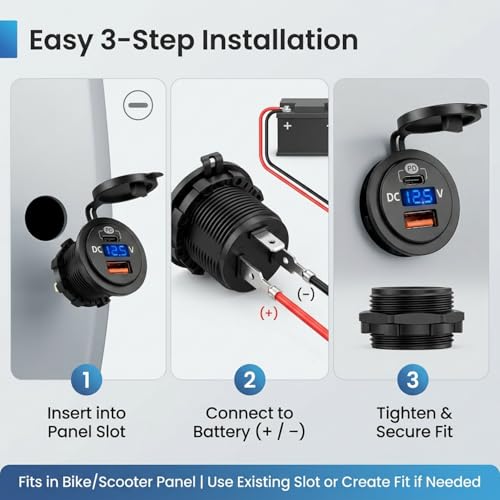 Image of SARTE Bike Mobile Charger USB Fast Charging Waterproof 12V /24V Motorcycle & Scooty Charger with LED Voltage Display Type-C PD + QC3.0 Dual Port