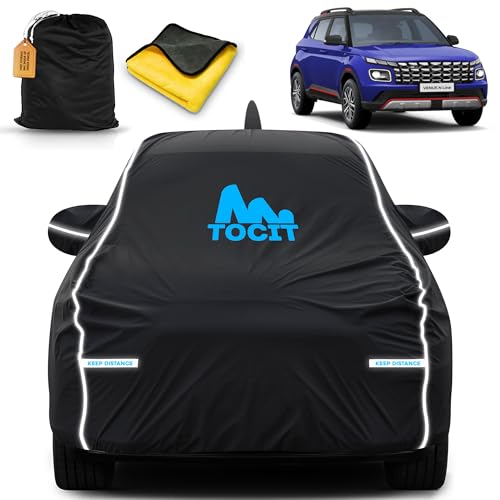 Image of Venue Waterproof Long Life Car Cover with Safety Glow Reflective Strap, Premium Stretchable Velvet Velour Fabric, Machine Washable, Tri-Stitch Custom Fit with Mirror & Antenna Pocket