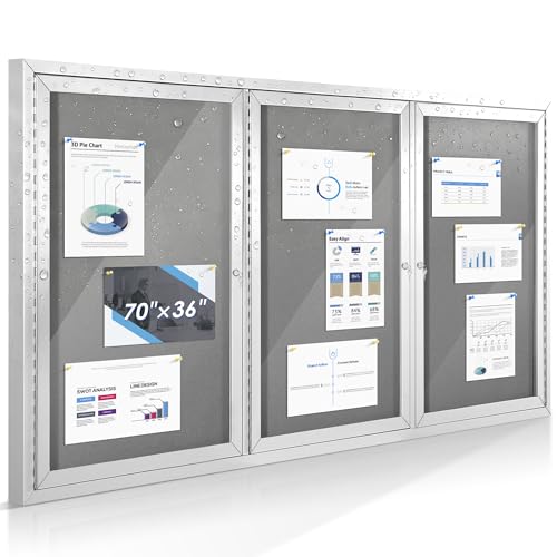 Weather resistant enclosed bulletin board with three locking doors, 70x36 in