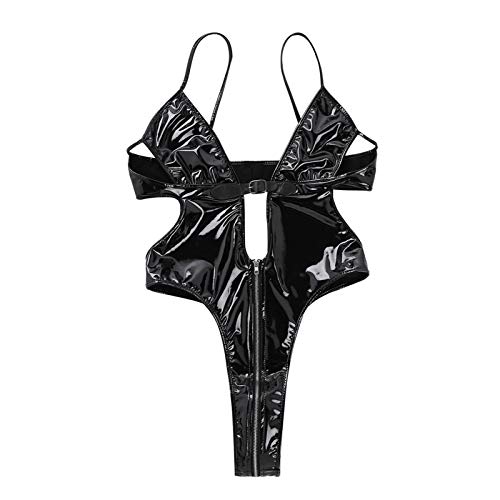 JUN-STORE SENMIAO-Clothing Women Clubwear Patent Leather Lingerie Deep V Neck Zipper High Cut Bodysuit (Color : Black, Size : Large)