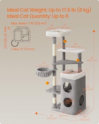 Feandrea Tall Cat Tree, Multiple-Level Cat Tower with 2 Caves, Basket, 3 Scratching Posts, 3 Perches, Dove Grey PCT007G01 - Image 7