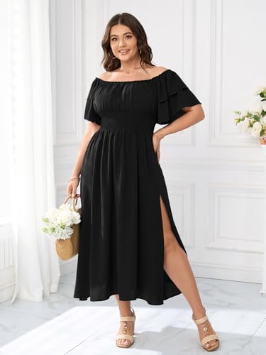 Image of Plus Size Maxi Dress Off The Shoulder Ruffle Smocked Wedding Guest Cocktail Slit Hem Flowy Dresses for Curvy Women