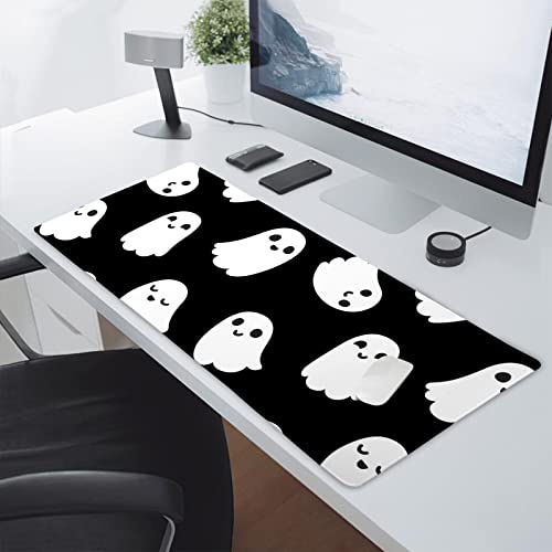 Image of Halloween Cute Ghost Mouse Pad Kawaii Cartoon Spooky Funny Spirit Extended Desk Mat Non-Slip Rubber Base Stitched Edge Large XXL Black White Mousepad for Gaming Laptop Computer Desktop 35.4x15.7 in