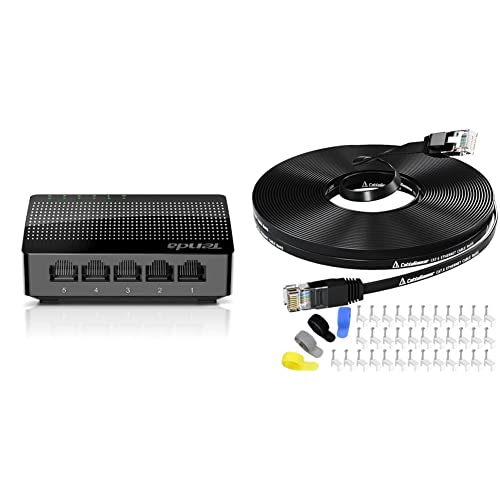 Tenda 5-Port Unmanaged Gigabit Ethernet Switch, Ethernet Splitter(Sg105) & Cat 6 Ethernet Cable 100 Ft, Indoor&Outdoor, High Speed Flat Internet Network Cable #TOP9