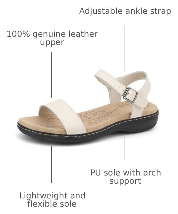 Image of Women's Classic Flat Sandals Leather Open Toes Memory Foam One Band Ankle Strap Adjustable Slip On Shoes