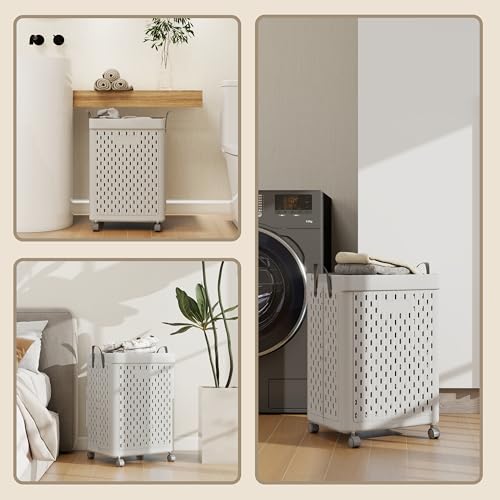 Image of UAK Plastic Laundry Basket with Wheels & Handle, 67L Heavy Duty Foldable Laundry Hamper - Easy Clean Waterproof Rolling Organizer for Bathroom & Laundry Room, Grey