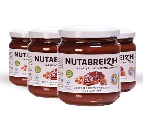 LOTE 4 tarros Nutabreizh 200g - Crema para untar de chocolate y avellanas con un toque de caramelo de mantequilla salada - Sin aceite de palma - Elaborada tradicionalmente en caldero en BRITÁNIA