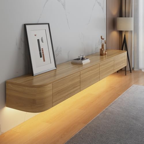 HYANXUE Meuble TV flottant - Meuble TV mural avec porte - Meuble TV flottant - Grand espace de rangement - Meuble TV sous la télévision (bois 2 + LED, 140 cm)