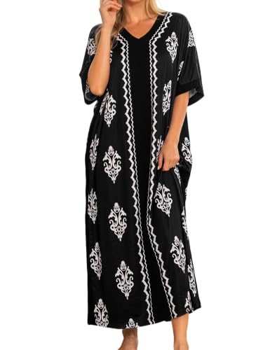 Image of Bloggerlove Women Nightgowns Cotton Caftan House Dress Short Sleeve Sleepwear Vacation Beach Moo Moos Dress with Pockets