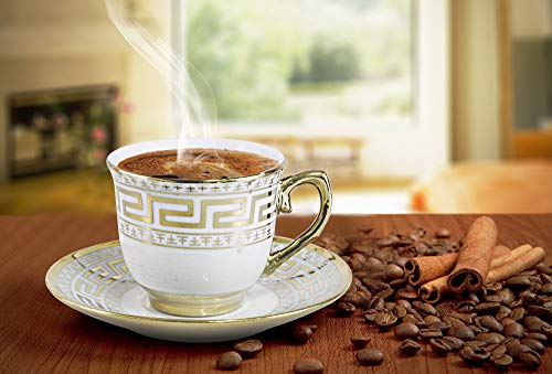 Bavary Set di tazze da caffè in porcellana, per 6 persone, colore bianco e oro, 13 pezzi, supporto in metallo, Medusa Meander Versac Style, 6 tazze + 6 piattini, argento, 2151