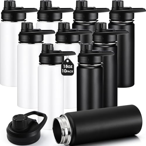 Vacuum Insulated Water Bottles Bulk 10 Pack, Stainless Steel Double Wall Sport Bottle Set, Travel Canteen Mug Metal Reusable Flask for Gym School Camping Hiking Fishing (White, Black, 18 oz)