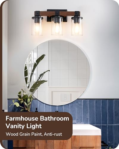 Image of EDISHINE 3-Light Painted Wood Farmhouse Vanity Light, Bubble Glass Shade | Up & Down Reversible Mounting, E26 Base, Industrial Farmhouse Design, Wall Sconces Lamp for Bedroom, Powder Room