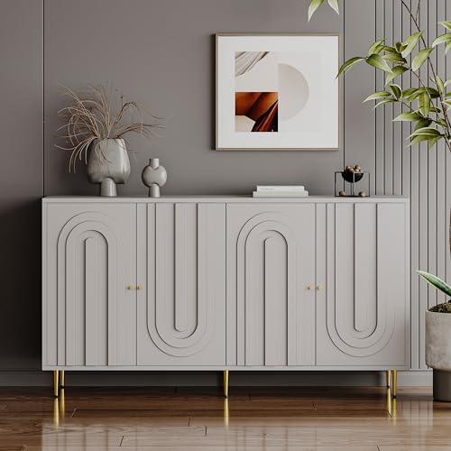 QIANYEWANG Modern Blue Lacquered 4 Door Wooden Cabinet Sideboard Buffet Server Cabinet Storage Cabinet, for Living Room, Entryway, Hallway, Office, Kitchen and Dining Room ，Gray