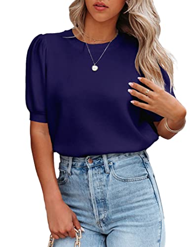 Image of Womens Puff Short Sleeve Sweater Tops Crewneck Basic Knit Pullover Lightweight Casual Sweaters