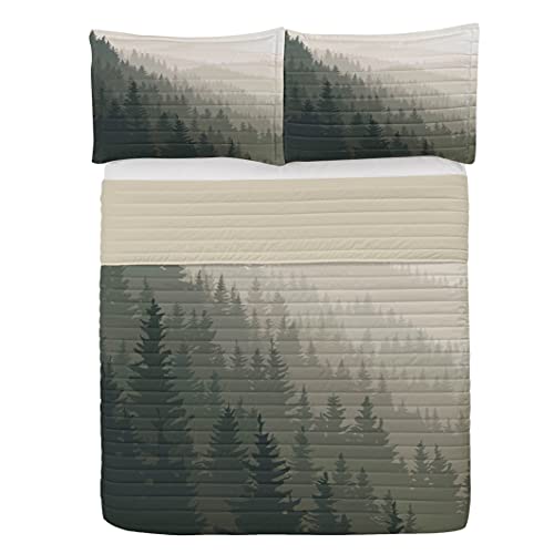 ABAKUHAUS Foresta Set copriletto in Microfibra, Scandinavian Nature, Set di Biancheria da Letto Morbida con Fodere per Cuscini e Piumino, 220 cm x 220 cm, Crema Tan Verde Scuro
