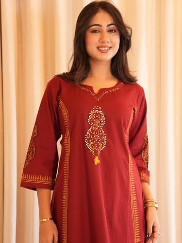 Image of Red Cotton Suit with Embroidered Design and Printed Dupatta, Traditional Indian Ethnic Wear for Women