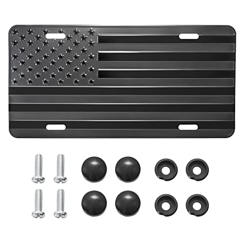Red Wolf Car License Plate Bracket Frame American Flag Decorative Aluminum 3D Metal Embossed Usa Flag Patriotic License Plate Cover Holder 6 X 12 Inch, Heavy Duty Black W/Installation Accessories #TOP1