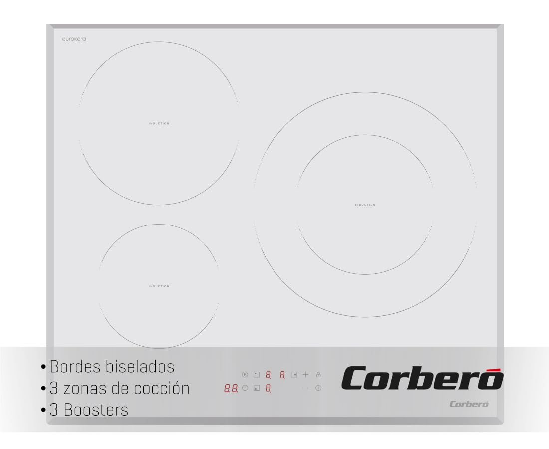 Corberó - Placa Inducción 3 Zonas | CCIM3720W | Potencia 7200W | Touch Control | 3 Boosters | Zona Grande 30 Cm | Temporizador 99 Min | Desconexión Automática de Seguridad, Blanco