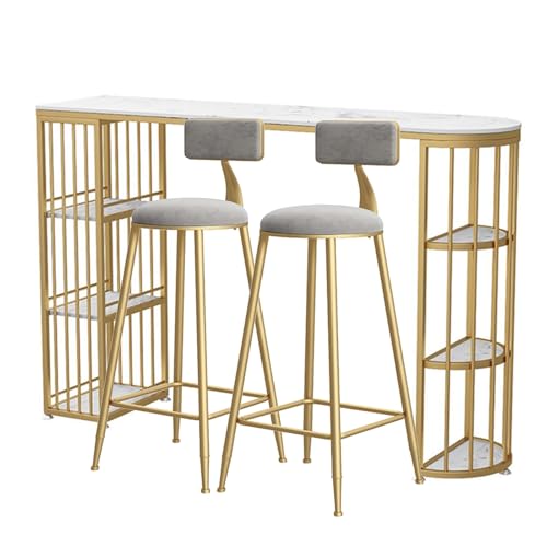 Juego de mesa de bar industrial de alta parte superior con estantes de almacenamiento, mesa de desayuno rectangular para cocina, incluye 2 sillas, color blanco-B, 180 x 40 x 105 cm