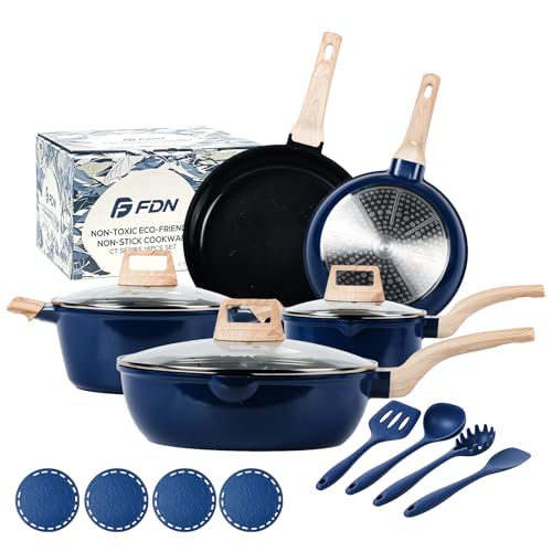 FDN 16Pcs Titanium Pots and Pans Set Toxic-Free Cookware Set Dishwasher & Oven Safe Induction Compatible with Bakelite Wood Grain Handle Compact and Durable
