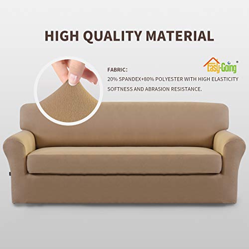 Image of Easy-Going 2 Pieces Stretch Oversized Couch Sofa Slipcover Washable | Spandex Soft Fitted Sofa Couch Cover for Sofa Furniture Protector with Bottom Kids,Pet Dog Camel