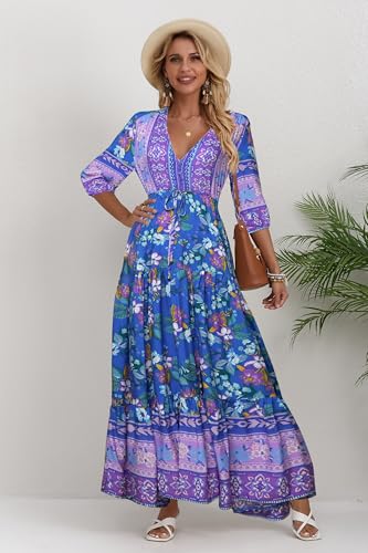 Image of Women Short Sleeve V Neck Floral Print Casual Bohemian Maxi Dresses